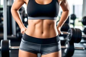 weiblich eben sportlich Bauch mit Abs im schwarz Sportbekleidung auf Fitnessstudio Hintergrund foto