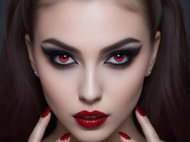 Porträt von ein Mädchen mit Halloween Vampir bilden und rot Augen foto