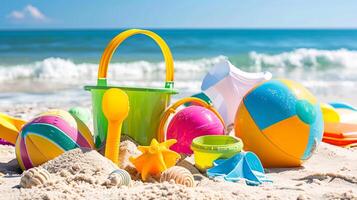 Kinder- Spielzeuge Lüge auf das Sand. klein Meer Wellen sind sichtbar im das Hintergrund. Sommer- sich ausruhen foto