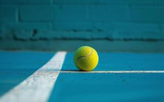 Grün Tennis Ball Lügen auf schwer Gericht auf Weiß Markierung. Nahansicht Foto