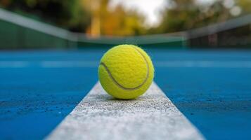 Grün Tennis Ball Lügen auf schwer Gericht auf Weiß Markierung. Nahansicht Foto