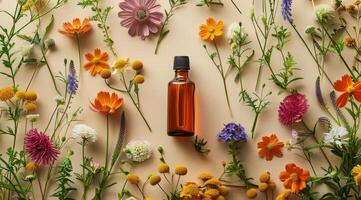 Flasche von wesentlich Öl umgeben durch Blumen foto