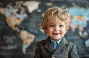 jung Junge im passen und Krawatte Stehen im Vorderseite von Welt Karte foto