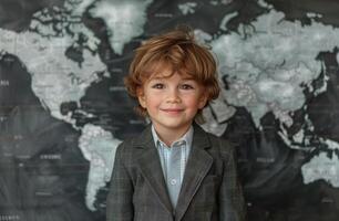 jung Junge im passen und Krawatte Stehen im Vorderseite von Welt Karte foto