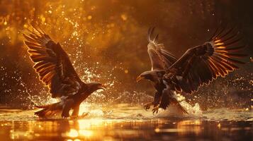 majestätisch Adler im heftig Schlacht Über Wasser im golden Licht. foto
