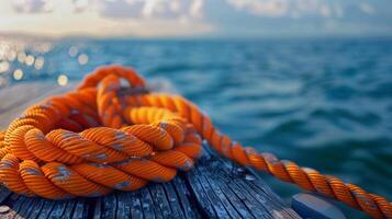 ein hell Orange Seil vereinbart worden auf alt Holz Bretter, gerahmt durch Ozean Ansichten foto
