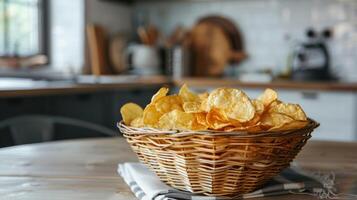 knackig Kartoffel Chips im ein Korb mit ein warm gemütlich Hintergrund, aufrufen ein Sinn von Komfort Essen foto