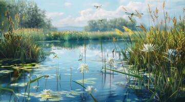 ein still Teich abgebildet im ein Digital Gemälde Stil, zeigen Libellen, Wasser Lilien, und ein heiter Landschaft foto