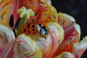 Nahansicht ein Marienkäfer auf ein Tulpe. foto