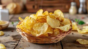 knackig Kartoffel Chips im ein Korb mit ein warm gemütlich Hintergrund, aufrufen ein Sinn von Komfort Essen foto