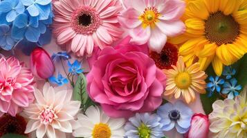 ein Vielfalt von Blumen. ein Sammlung von anders Typen von Blumen angezeigt gegen Hintergrund. foto