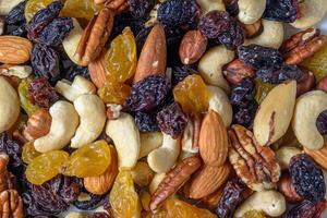 Hintergrund mit ein Cashew, Haselnüsse, Rosinen und Erdnüsse. gemischt Nüsse und Rosinen Textur.13 foto