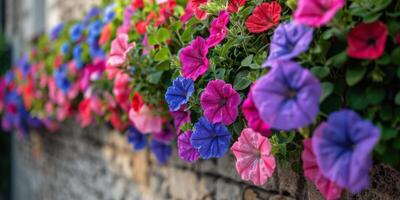 bunt Petunie Blumen Blühen auf ein Stein Mauer foto