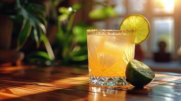 ein erfrischend Cocktail mit Limette Garnierung auf ein sonnig Tag foto