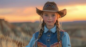 jung Mädchen im Cowboy Hut und Blau Hemd foto