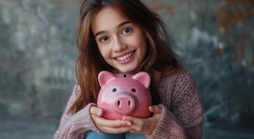 Frau halten Rosa Schweinchen Bank foto