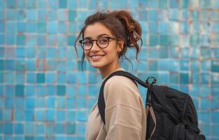 jung Frau mit Rucksack lächelt während Stehen im Vorderseite von Blau Fliese Mauer foto