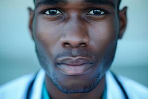 Porträt von ein männlich Person, Gesicht Nahaufnahme. schwarz Kopf Erwachsene suchen Kerl, afrikanisch isoliert attraktiv foto