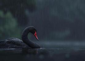 schwarz Schwan im das See im regnerisch Tag, schön Natur Hintergrund, generiert ai foto