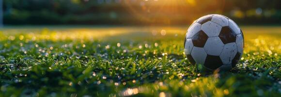 Fußball Ball auf üppig Grün Feld foto