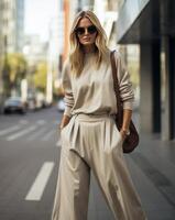 Frau im Beige Sweatshirt und breit mit Beinen Hose foto