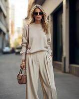 Frau im Beige Sweatshirt und breit mit Beinen Hose foto