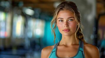 schön jung Frau Stehen im ein Fitnessstudio foto