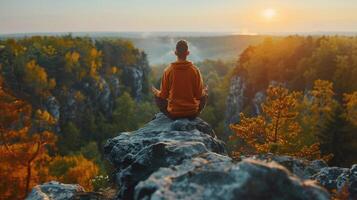 Mann Sitzung auf Felsen Nächster zu Wald foto