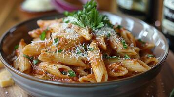 hölzern Schüssel gefüllt mit Pasta und Soße foto