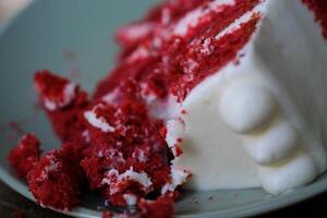 Teil von ein Himbeere Dessert Kuchen auf ein Teller im hell Licht. flach Tiefe von Feld foto