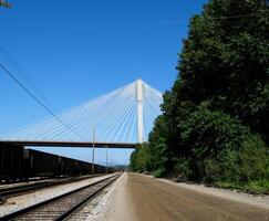 Hafen mann Brücke Kanada Über das Fraser Fluss im bc interessant ungewöhnlich Aufnahmen von Brücke von Unterseite oben Grün Bäume Eisenbahn Erde auf Siphon von Blau wolkenlos Himmel Hintergrund zum Werbung Text foto