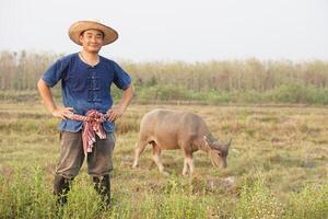 gut aussehend asiatisch Mann Farmer trägt Hut, Blau Shirt, stellen Hände auf Taille, steht beim Tier Bauernhof. Konzept, Vieh, thailändisch Bauern erziehen und nehmen Pflege Büffel wie wirtschaftlich und Export Tiere. foto