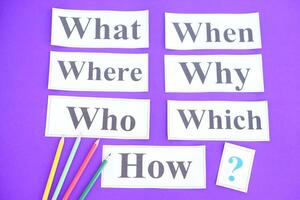 Papier Karten mit W-Frage Wörter und Frage Markierungen auf lila Hintergrund. Konzept. Lehren Hilfe. Bildung Materialien zum lehren wh- Frage. fragen Fragen. verdächtig Symbol zu finden antworten. foto