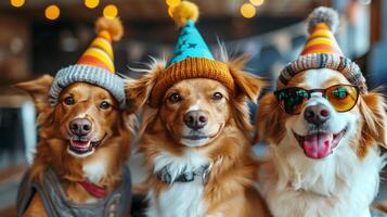 drei klein Hunde tragen gestrickt Hüte foto