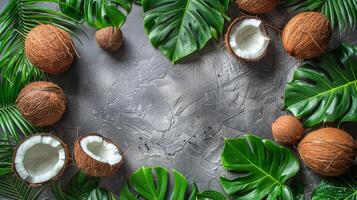 Kokosnüsse und Blätter auf ein grau Oberfläche foto