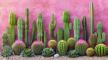 Gruppe von Kaktus Pflanzen im Vorderseite von Rosa Mauer foto