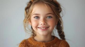 wenig Mädchen mit lockig Haar lächelnd beim das Kamera foto
