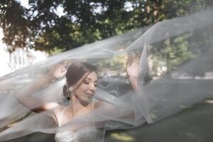 ein Frau im ein Weiß Hochzeit Kleid ist Stehen im Vorderseite von ein Baum mit ein Schleier Über foto