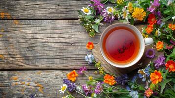 ein Tasse von Tee umgeben durch Gänseblümchen und Blätter foto