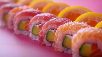schließen oben von Sushi auf Rosa Oberfläche foto