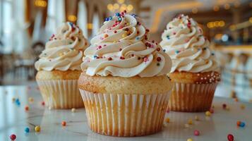 drei Cupcakes mit Weiß Glasur und braun Sträusel auf oben foto