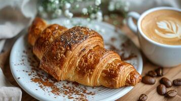 ein frisch gebacken Croissant abgestaubt mit pulverisiert Zucker gepaart mit ein cremig Tasse von Kaffee, vorgestellt auf ein rustikal Keramik Platte. foto