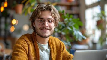 Mann mit Brille Sitzung im Vorderseite von Laptop foto