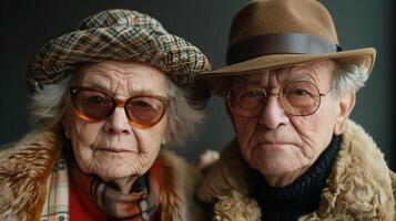 älter Mann und Frau tragen Hüte und Schals foto