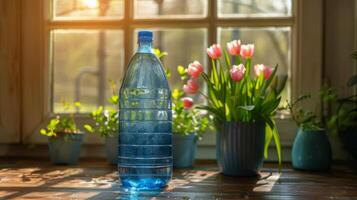 Flasche von Wasser auf Fenster Schwelle foto