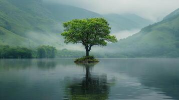 einsam Baum auf klein Insel im See foto