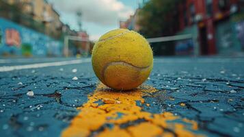 Tennis Ball im Mitte von Straße foto