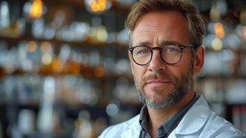 Wissenschaftler im Labor Mantel und Brille foto