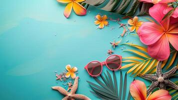 Blau Hintergrund mit Blumen, Sonnenbrille, und Seestern foto