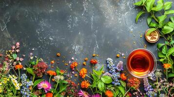 ein Tasse von Tee unter wild Blumen foto